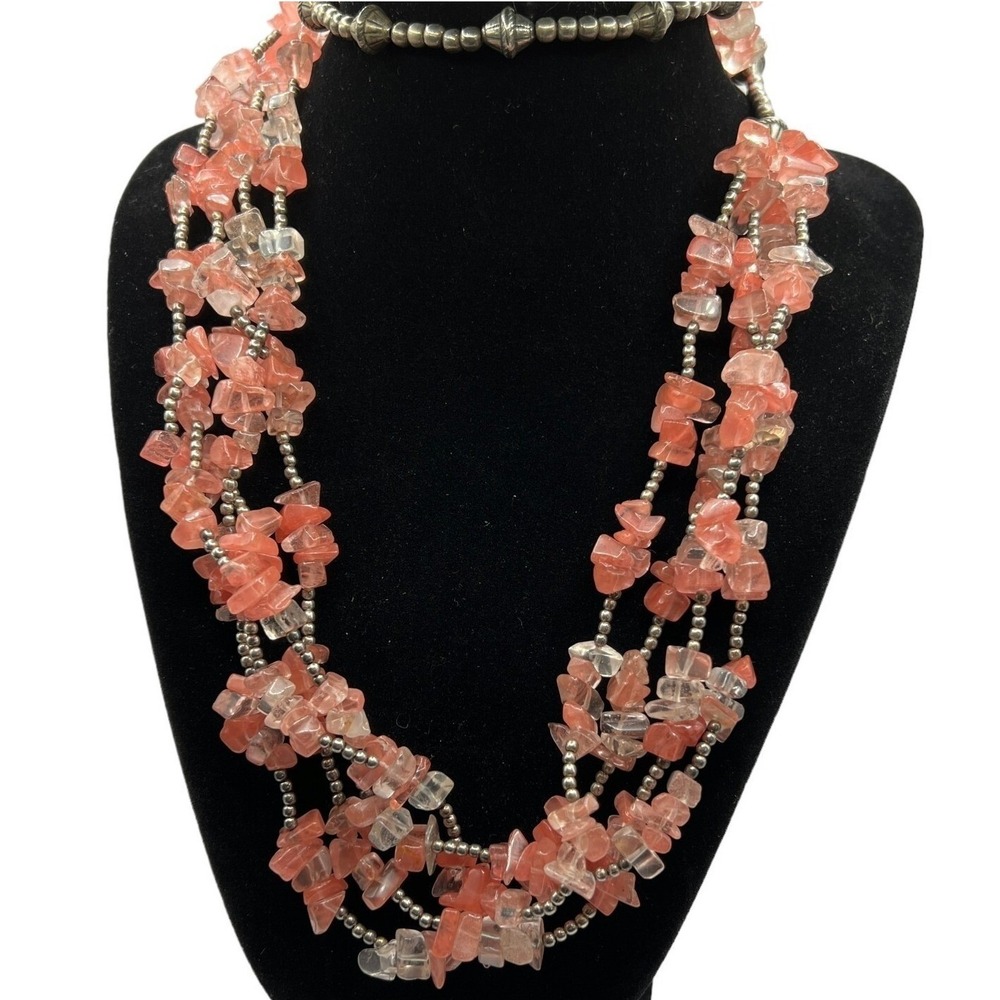 Vintage Multi Strand Necklace Pink White Chip Stones Silver Tone Beads